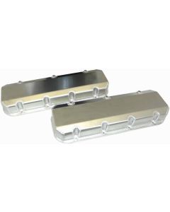 VALVE COVERS, BBC, 3 IN. TALL, POCKETS ON EXHAUST & TUBES ON INTAKE, FABRICATED ALUMINUM, NON LOGOED